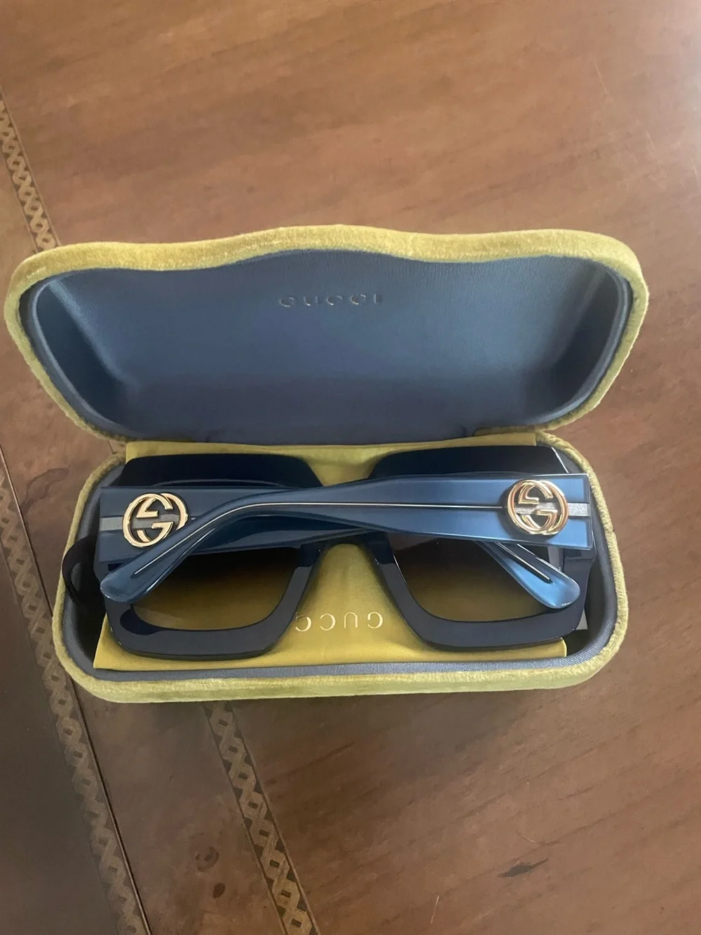 Gucci Blue Rectangular Logo Sunglasses with Gold Accents